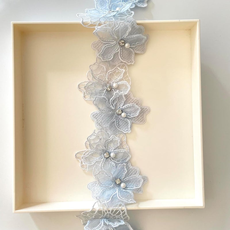Buysk 2 Yards 3D Pearl Beads Flower Lace Trim Ribbon Floral Applique Embroidered Lace Fabric for Sewing DIY Crafts (Blue) - Image 4